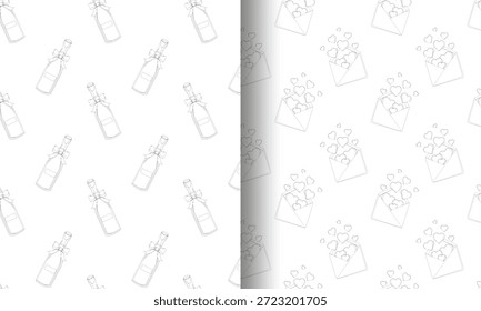 Conjunto de dos botellas de vino de patrones de San Valentín sin fisuras con arcos y sobres abiertos llenos de corazones. Ideal para papel de regalo romántico, papelería y fondos festivos