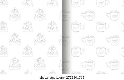 Conjunto de dos patrones de San Valentín sin fisuras pasteles escalonados con decoraciones de corazón y tazas con corazones alados y malvaviscos. Perfecto para el papel de regalo festivo y diseños románticos