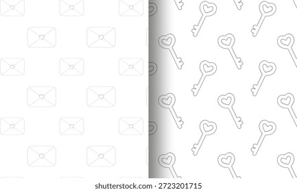 Conjunto de dos sobres de patrones de San Valentín sin costuras con sellos de corazón y llaves con arcos en forma de corazón. Perfecto para papel de regalo romántico, papelería y fondos festivos