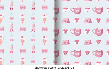 Conjunto de dois padrões de Dia dos Namorados sem costura um com envelopes, sorvete, copos de champanhe o outro com canecas, corações LOVE, e FEB 14 calendários em um fundo azul pastel