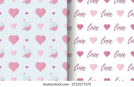 Set aus zwei nahtlosen Valentinstag-Mustern Herztrank-Flaschen auf Blau und kursiven Liebestext mit Herzen auf Weiß