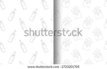 Set of two seamless Valentine s Day patterns wine bottles with bows and open envelopes filled with hearts. Ideal for romantic wrapping paper, stationery, and festive backgrounds