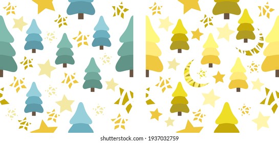 Set of two seamless vector patterns with stars, moon, fir tree, broken star on white background. Cartoon style, colorful vector background for design
