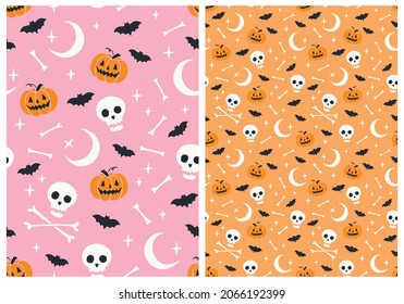 Set Two Seamless Vector Patterns and Halloween Hand Drawn Elements Pink   Orange Background  Cute Repeatable Designs  Great for Textile  Fabric Prints  Wrapping Paper 