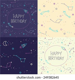 Set of two seamless vector patterns and two Happy Birthday cards. Space patterns. Rockets, constellations and stars. Cartoon spaceship icons. Kid's elements for scrap-booking. Hand drawn illustration.