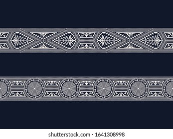 set of two seamless vector white borders with geometric figures and floral elements on dark blue background