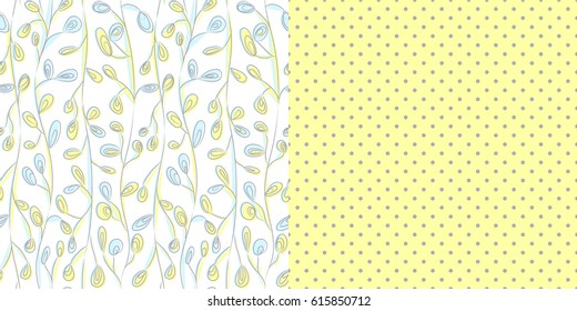 Set of Two Seamless Vine & Polka Dot Patterns / Aqua, Gray and Yellow / Patterns saved to Pattern Swatches