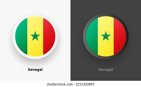 Set of two Senegal flag buttons in black and white background. Abstract shiny metallic rounded buttons with national country flag