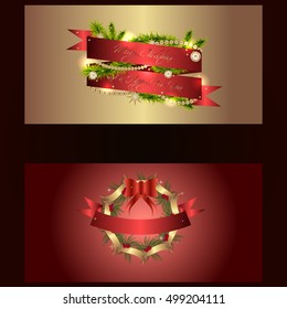 Set of two separated christmas and new years banners with wreaths and ribbons
