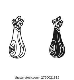 Set of two shallot or spring onion icons, outline and solid style
