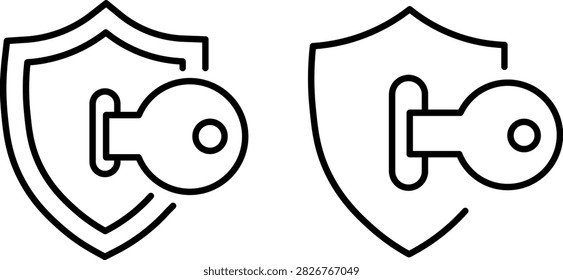 A set of two shield icons with keys, representing security, protection, encryption, and privacy, isolated on white background.