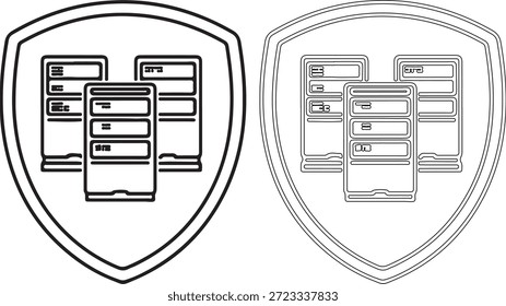 Um conjunto de dois ícones de escudo, um em preto e um em estilo de contorno, cada um com servidores de computador, isolado em fundo branco, design simples e seguro