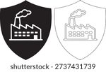 A set of two shield shaped factory icons, one in black and white, the other in black and white line art, both with smoke coming out of the chimney