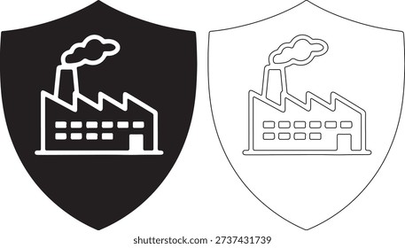 A set of two shield shaped factory icons, one in black and white, the other in black and white line art, both with smoke coming out of the chimney