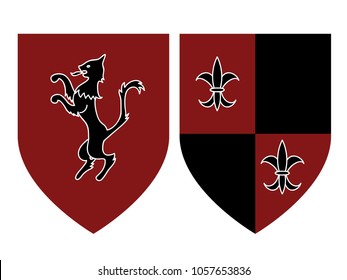 a set of two shields depicting a black cat and royal lilies as heraldic symbols