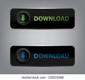 Set of two shiny black plastic download buttons for websites (UI) or applications (app) for smartphones or tablets. Glossy style
