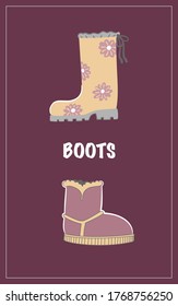Set with two shoes in vector illustration isolated on red background.  Poster, card, design. Hight Boots. Lie style, woman clothes, accessories.