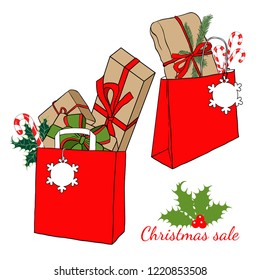 Set of two shopping bags with various boxes and  packages with gifts. Vector illustration in sketch style. Christmas sale.