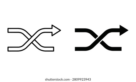 A set of two shuffle icons featuring crossing arrows in both solid black and outline vector graphic styles.