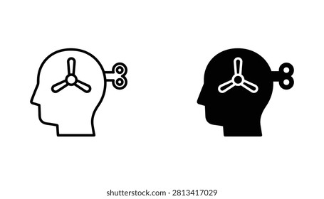 A set of two side profile human head silhouettes with winding keys, representing the concept of controlled thought, mental processing, and psychological mechanics.