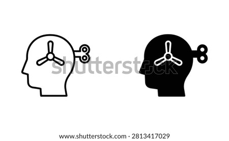 A set of two side profile human head silhouettes with winding keys, representing the concept of controlled thought, mental processing, and psychological mechanics.