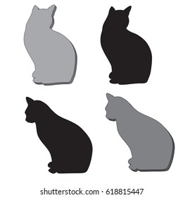 Set of two silhouettes of cats in different poses black color,separately, the shadow cats  isolated on white