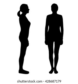 Set of two silhouettes of girl, women. Girl, a woman is not moving. Female silhouette with hair gathered in a ponytail. Girl, woman side view and a girl, a woman standing upright. Vector.