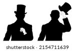 Set of two silhouettes portrait of young elegant man with top hat. Two gestures of man in victorian dress.