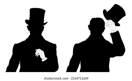 Set of two silhouettes portrait of young elegant man with top hat. Two gestures of man in victorian dress.