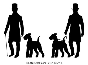 Set of two silhouettes of young man in victorian dress with Welsh Terrier dog. Historical clothing. 