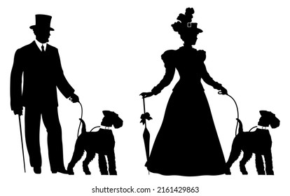 Conjunto de dos siluetas de mujeres jóvenes y hombres con ropa histórica con perro de Welsh Terrier con correa. Elegante victoriana mujer y hombre con mascota.