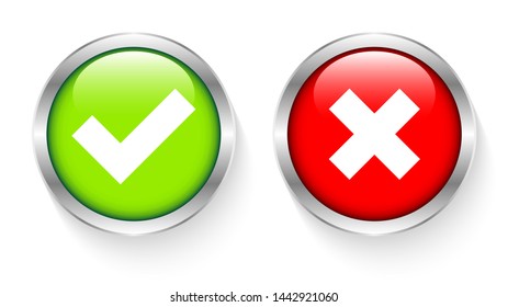 Set Of Two Silver Framed Buttons Checkmarks Red And Green