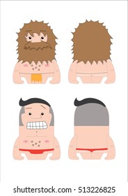 A set of two similar characters wearing a thong showing a neanderthal man and a modern slick version with no shirt and chest hair exposed