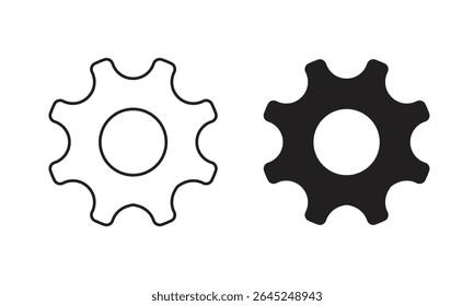 Un conjunto de dos iconos de rueda dentada de engranaje negro simple en estilos de contorno y glifo sólido