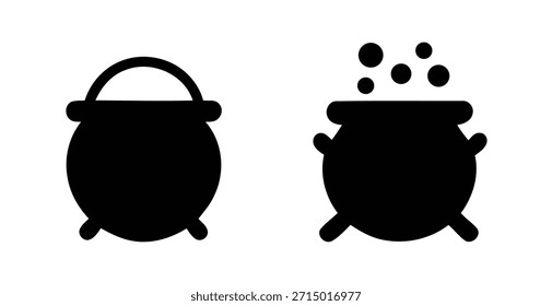 Ein Satz von zwei einfachen schwarzen Silhouetten-Ikonen, die einen Hexenkessel darstellen, eine Ebene und die andere als aktiv kochend mit Blasen dargestellt, die über den Rand steigen, perfekt für Halloween-Themen.