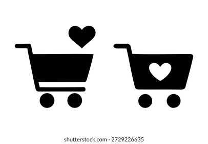 Set of two simple black silhouette icons depicting shopping carts. One cart has a heart above it, and the other has a heart inside, symbolizing love, preference, or favorite purchase.