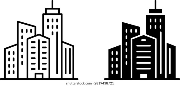 Set of two simple black and white city building icons for modern urban design projects