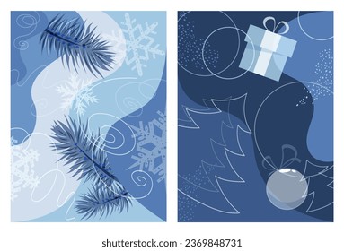 A set of two simple Christmas abstract backgrounds in blue tones. Design elements for cards, covers, posters, flyers, showcases, seasonal decor