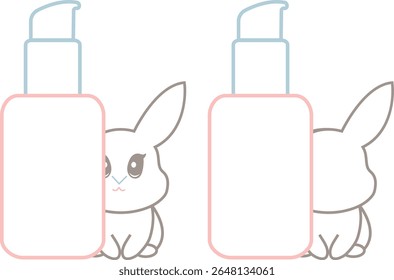 set of two simple colored checkmarks with a bottle with a dispenser and rabbits next to it, meaning that cosmetic products are not tested on animals