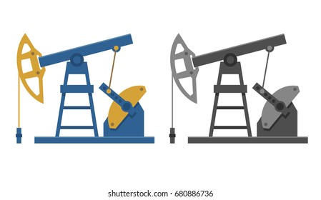 A Set Of Two Simple Flat Illustrations Of An Oil Derrick. Colorful And Monochrome Drawings Of Industrial Objects.