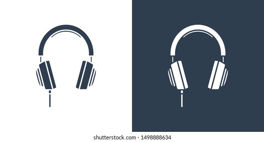 Set of two simple flooded with color headphones icons. In dark blue and white variation.