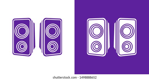 Set of two simple flooded with color musical speakers icons. In purple and white variation. 