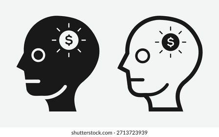 Satz von zwei einfachen Symbolen, die eine menschliche Kopfsilhouette mit einem Dollarzeichen in einer leuchtenden Glühbirnenform darstellen, die Finanzideen, Gelddenken oder Geschäftskonzepte darstellt. Beinhaltet beide Schwarze