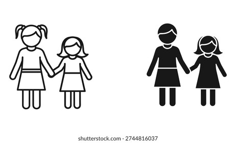 Set of two simple icons representing two girls holding hands. One icon is a thin line drawing, the other is a solid black silhouette. Ideal for concepts of friendship, family, and childhood.