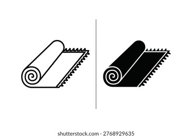 A set of two simple icons representing a rolled carpet or rug, presented in both outline and solid black styles. Ideal for interior design, home decor, or retail applications.