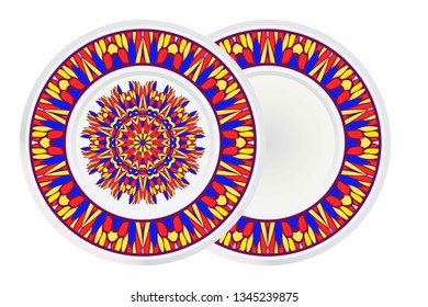 Set of two Simple Round Floral Mandala, Ethno Motive. Bright Ornament Consists Of Simple Shapes. Vector Illustration.. For Home Decor, Coloring Book, Greeting Card, Invitation, Tattoo