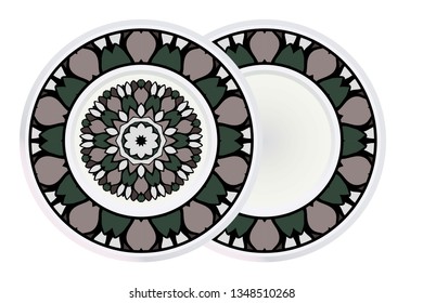 Set of two Simple Round Floral Mandala, Ethno Motive. Bright Ornament Consists Of Simple Shapes. Vector Illustration.. For Home Decor, Coloring Book, Greeting Card, Invitation, Tattoo