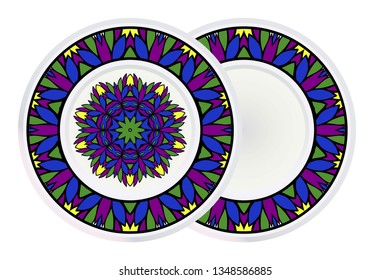 Set of two Simple Round Floral Mandala, Ethno Motive. Bright Ornament Consists Of Simple Shapes. Vector Illustration.. For Home Decor, Coloring Book, Greeting Card, Invitation, Tattoo