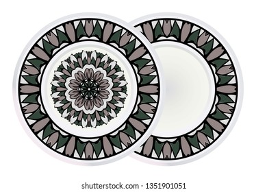 Set of two Simple Round Floral Mandala, Ethno Motive. Bright Ornament Consists Of Simple Shapes. Vector Illustration.. For Home Decor, Coloring Book, Greeting Card, Invitation, Tattoo