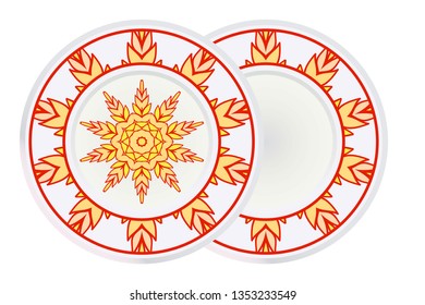Set of two Simple Round Floral Mandala, Ethno Motive. Bright Ornament Consists Of Simple Shapes. Vector Illustration.. For Home Decor, Coloring Book, Greeting Card, Invitation, Tattoo